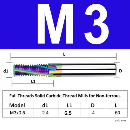 M3 Pitch 0.5mm Shank Diameter 4mm Full Length 50mm Full Thread Solid Carbide Thread Mills for Non-ferrous - Da Blacksmith