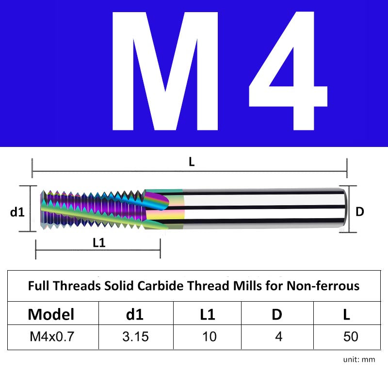 M4 Pitch 0.7mm Shank Diameter 4mm Full Length 50mm Full Thread Solid Carbide Thread Mills for Non-ferrous - Da Blacksmith