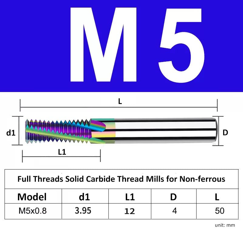 M5 Pitch 0.8mm Shank Diameter 4mm Full Length 50mm Full Thread Solid Carbide Thread Mills for Non-ferrous - Da Blacksmith