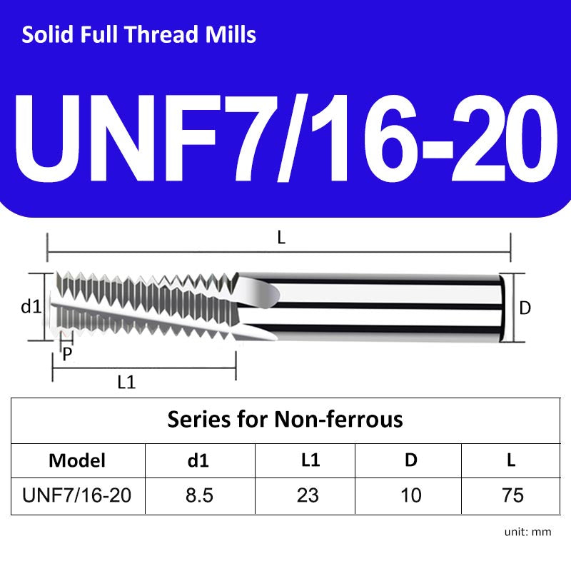 UNF7/16-20 Full Tooth Tungsten Solid Carbide Thread Mills Uncoated for Non-ferrous - Da Blacksmith