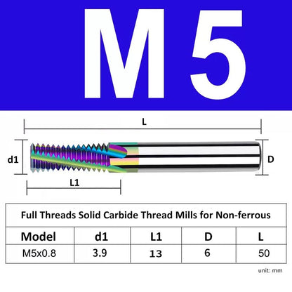 M5 Pitch 0.8mm Shank Diameter 6mm Full Length 50mm Full Thread Solid Carbide Thread Mills for Non-ferrous - Da Blacksmith