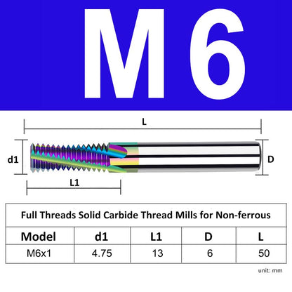 M6 Pitch 1mm Shank Diameter 6mm Full Length 50mm Full Thread Solid Carbide Thread Mills for Non-ferrous - Da Blacksmith