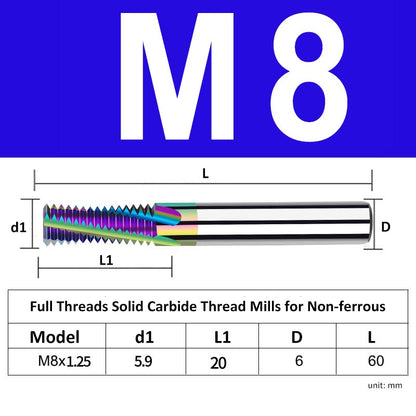 M8 Pitch 1.25mm Shank Diameter 6mm Full Length 60mm Full Thread Solid Carbide Thread Mills for Non-ferrous - Da Blacksmith