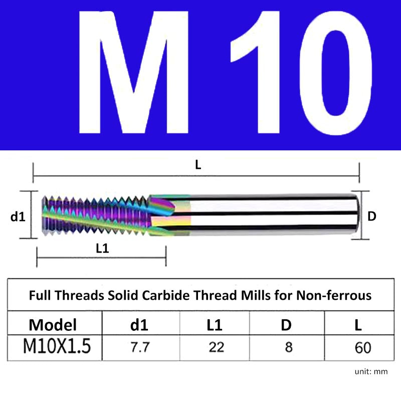 M10 Pitch 1.5mm Shank Diameter 8mm Full Length 60mm Full Thread Solid Carbide Thread Mills for Non-ferrous - Da Blacksmith