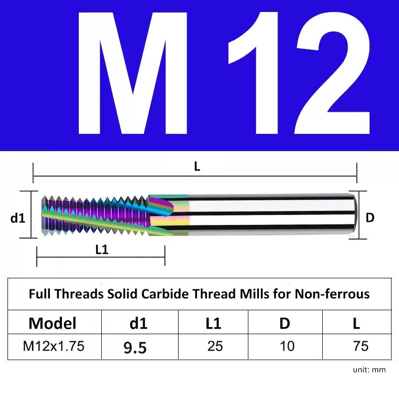 M12 Pitch 1.75mm Shank Diameter 10mm Full Length 75mm Full Thread Solid Carbide Thread Mills for Non-ferrous - Da Blacksmith