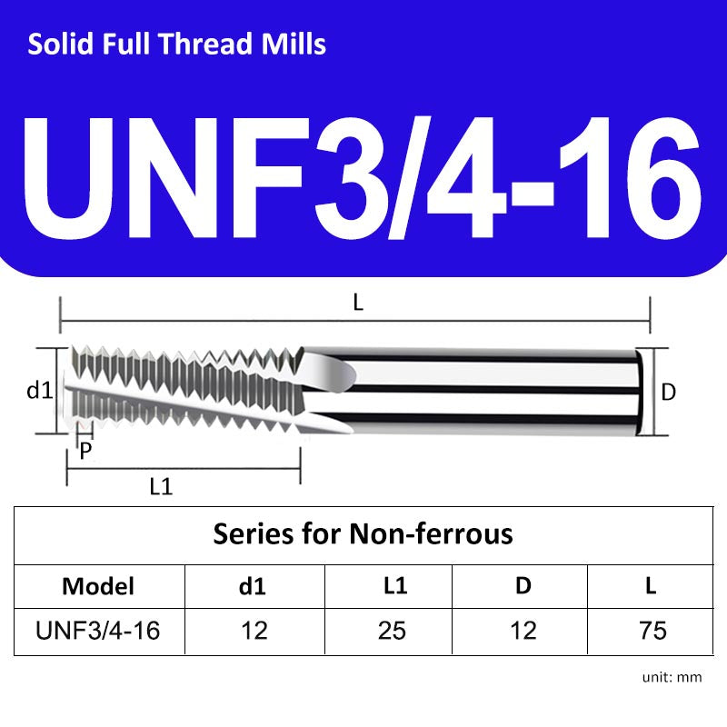 UNF3/4-16 Full Tooth Tungsten Solid Carbide Thread Mills Uncoated for Non-ferrous - Da Blacksmith