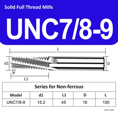 UNC7/8-9 Full Tooth Tungsten Solid Carbide Thread Mills Uncoated for Non-ferrous - Da Blacksmith