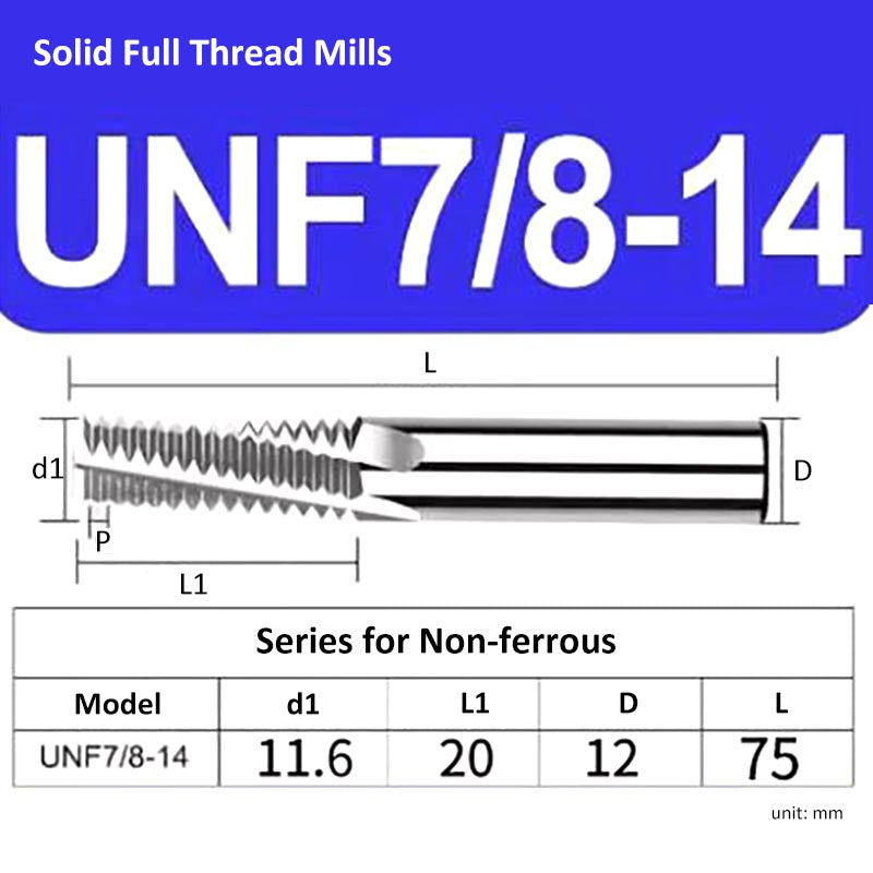 UNF7/8-14 Full Tooth Tungsten Solid Carbide Thread Mills Uncoated for Non-ferrous - Da Blacksmith