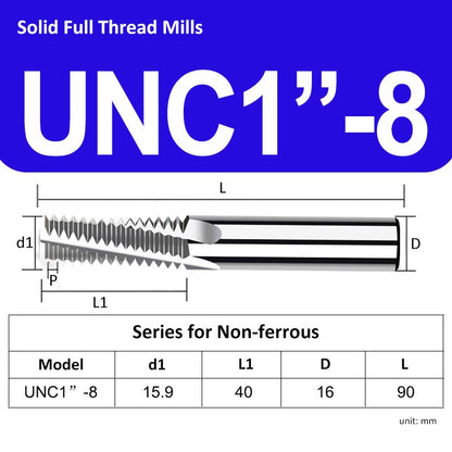 UNC1"-8 Full Tooth Tungsten Solid Carbide Thread Mills Uncoated for Non-ferrous - Da Blacksmith