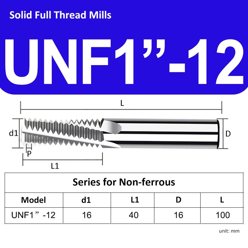 UNF1"-12 Full Tooth Tungsten Solid Carbide Thread Mills Uncoated for Non-ferrous - Da Blacksmith