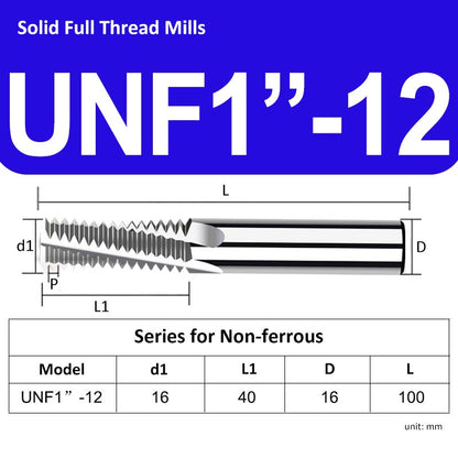 UNF1"-12 Full Tooth Tungsten Solid Carbide Thread Mills Uncoated for Non-ferrous - Da Blacksmith