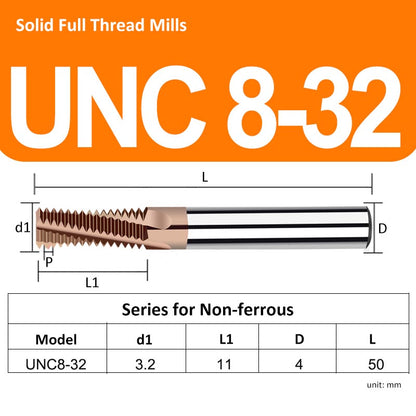 UNC8# 32 Full Tooth Tungsten Solid Carbide Thread Mills HRC68 for Hard Material - Da Blacksmith