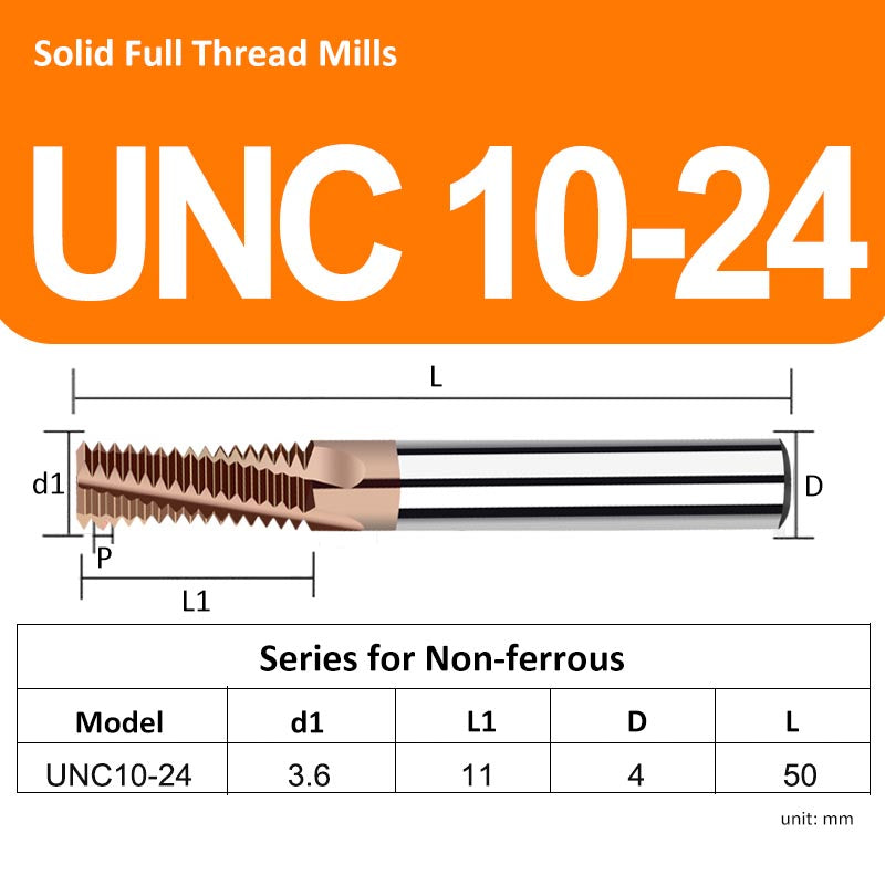 UNC10# 24 Full Tooth Tungsten Solid Carbide Thread Mills HRC68 for Hard Material - Da Blacksmith