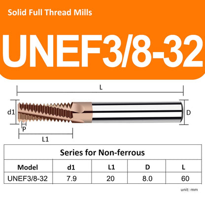 UNEF3/8-32 Full Tooth Tungsten Solid Carbide Thread Mills HRC68 for Hard Material - Da Blacksmith