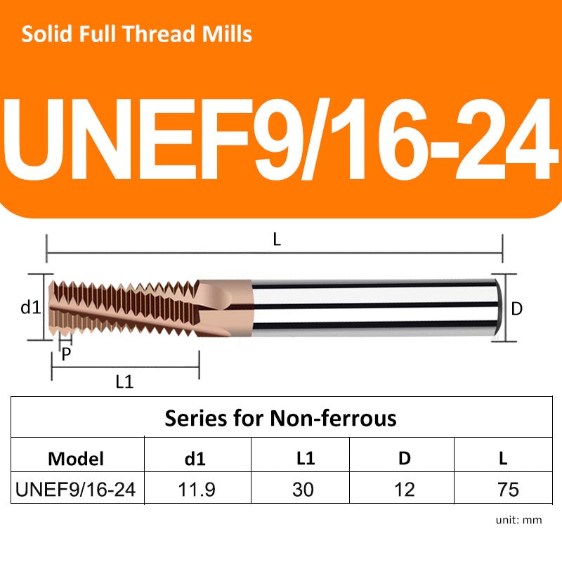 UNEF9/16-24 Full Tooth Tungsten Solid Carbide Thread Mills HRC68 for Hard Material - Da Blacksmith