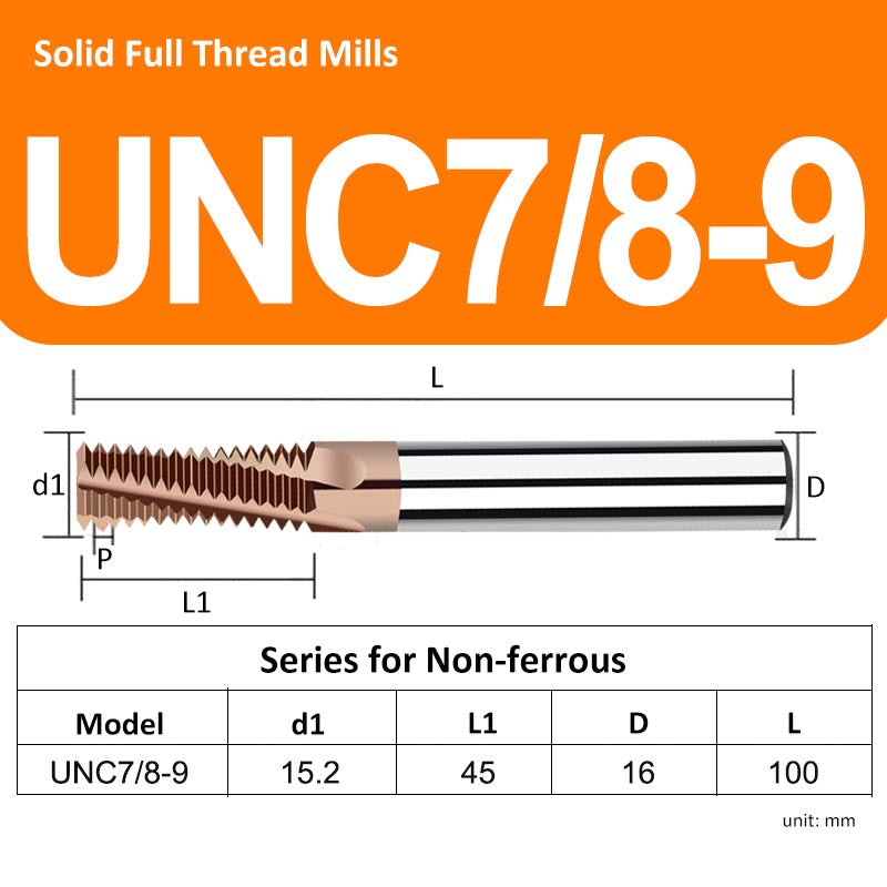 UNC7/8-9 Full Tooth Tungsten Solid Carbide Thread Mills HRC68 for Hard Material - Da Blacksmith