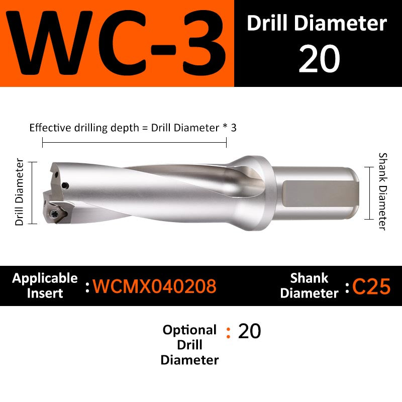 WC-3 C25 D20 Square End Indexable Insert Drill with Coolant Channel U Drill - Da Blacksmith