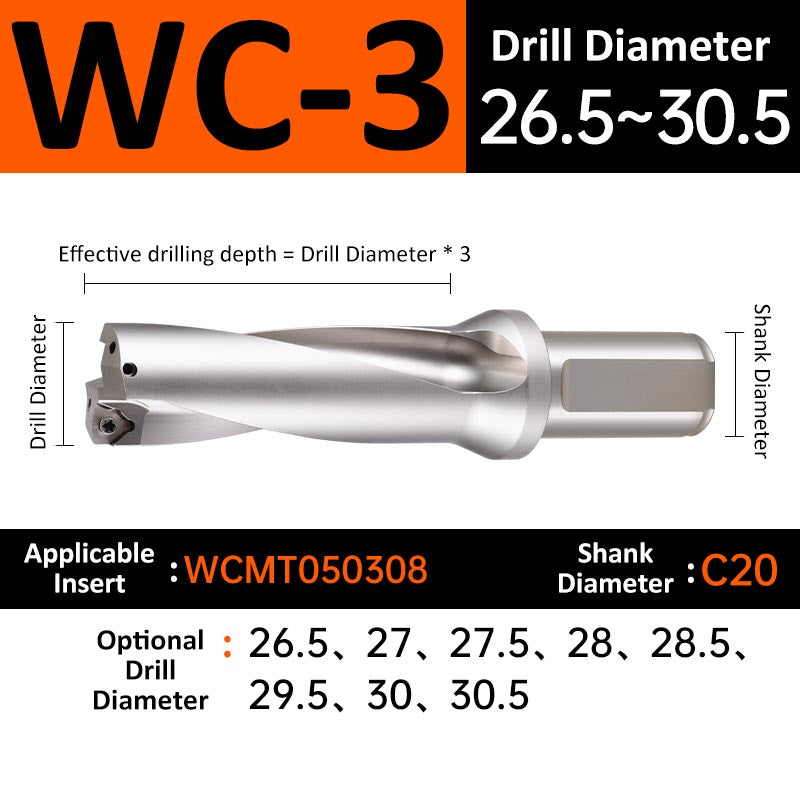 WC-3 C20 D26-30.5 Square End Indexable Insert Drill with Coolant Channel U Drill - Da Blacksmith