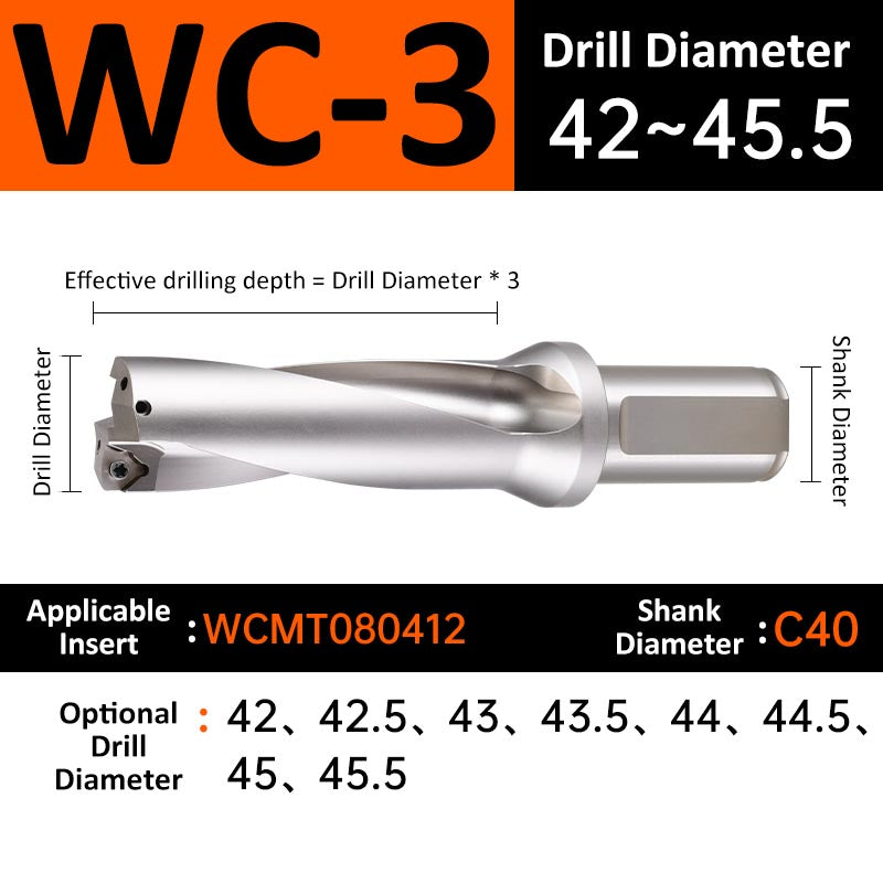 WC-3 C40 D42-45.5 Square End Indexable Insert Drill with Coolant Channel U Drill - Da Blacksmith