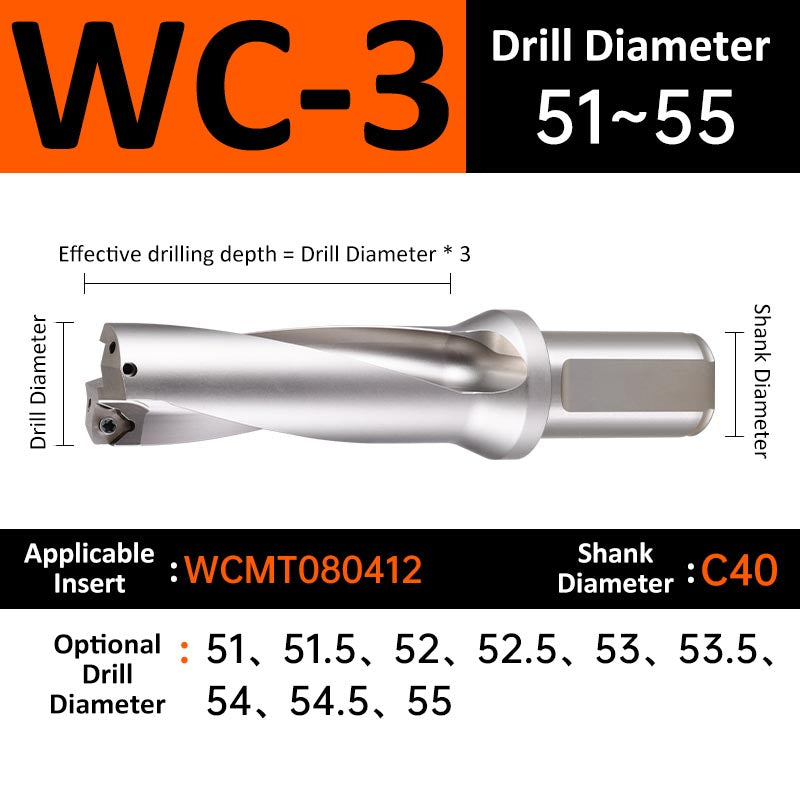 WC-3 C40 D51-55 Square End Indexable Insert Drill with Coolant Channel U Drill - Da Blacksmith