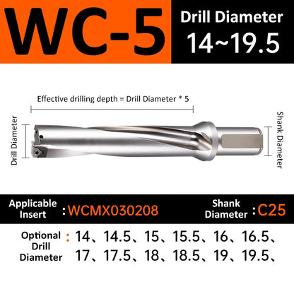 WC-5 C25 D14-19.5 Square End Indexable Insert Drill with Coolant Channel U Drill - Da Blacksmith