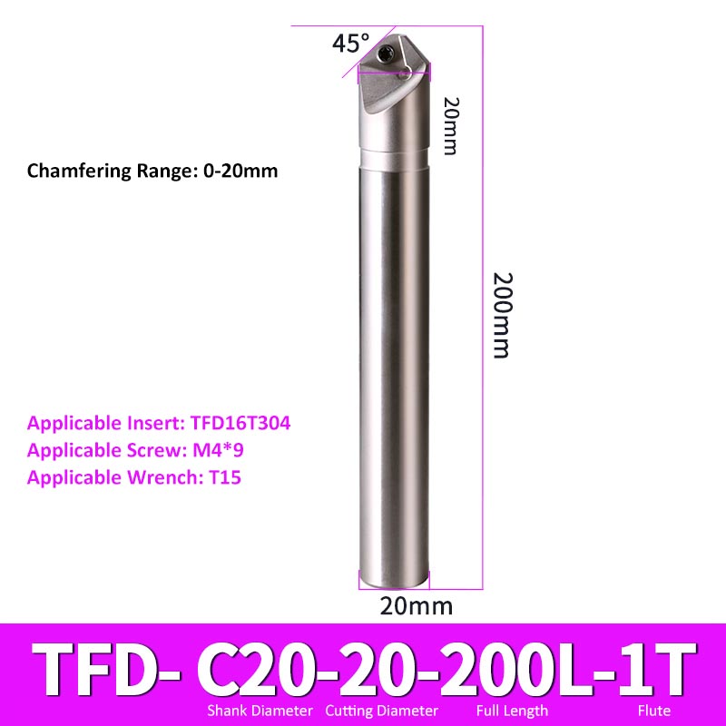 TFD-20-20-200-1T CNC Chamfering Milling Cutter Toolholder 30/60/45/120 Degrees Chamfering - Da Blacksmith